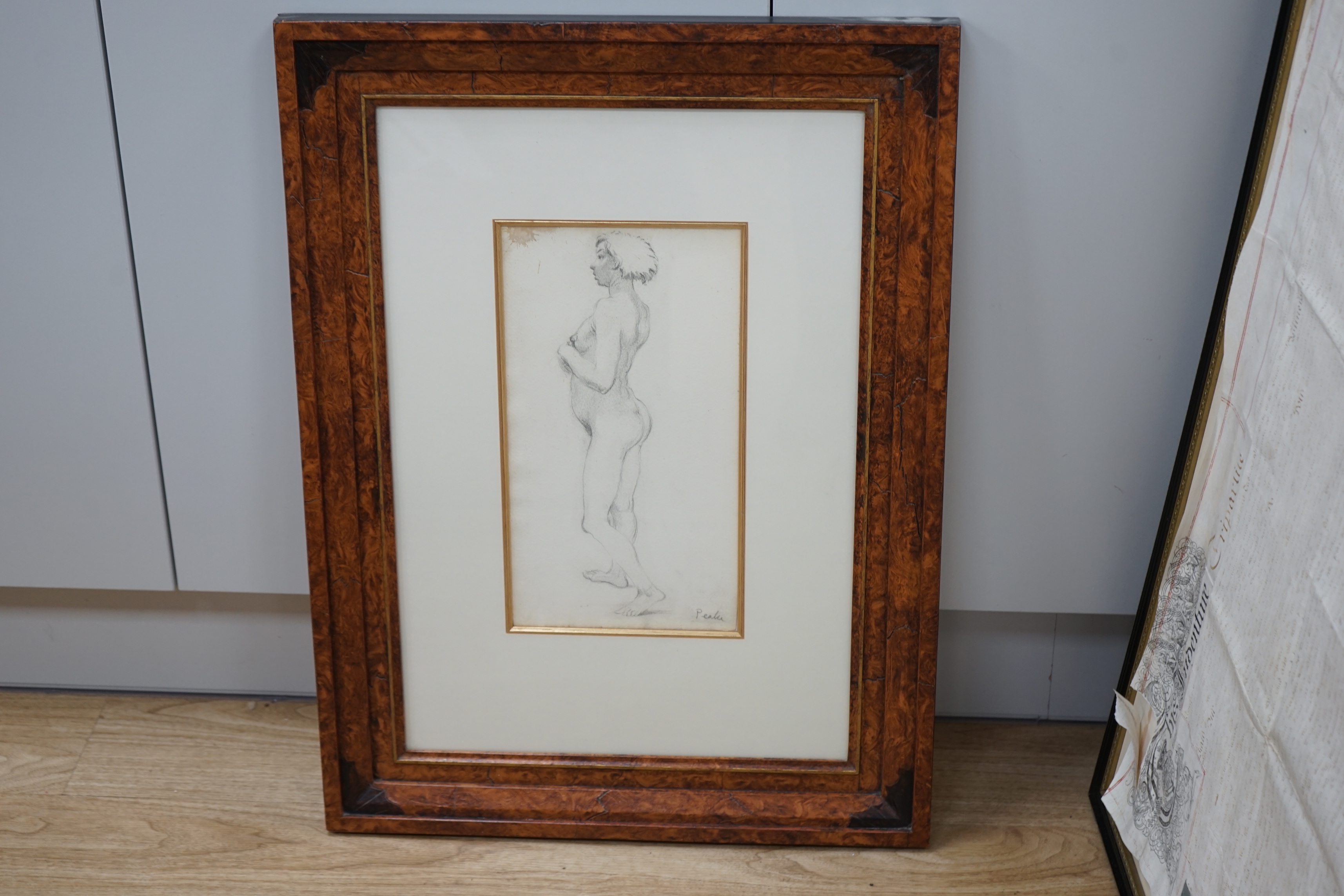 Mervyn Peake, author and illustrator (1911-1968), pencil drawing, Standing nude, signed, Victor Waddington Gallery label verso, 33 x 18cm